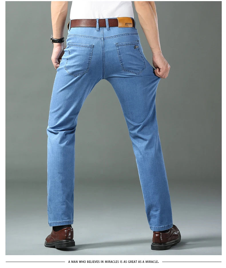 New Ice Silk Thin Denim Jeans For Men Blue Straight Stretch Cotton Pants Business Casual Lightweight Trousers Spring Summer