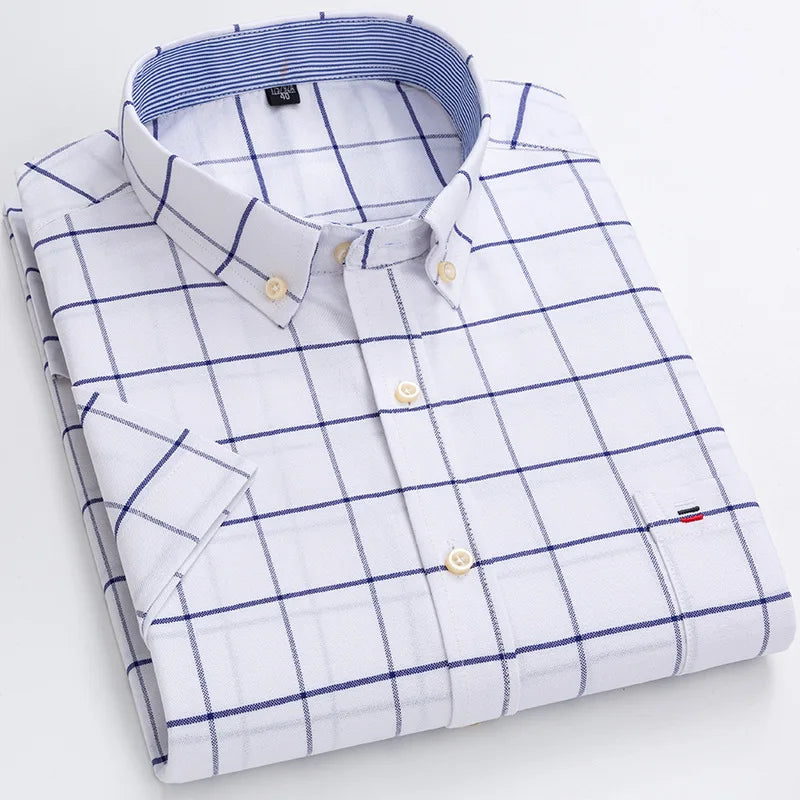 6XL 7XL 100% cotton men's short sleeve shirt Summer non-ironing Business casual Plus size High quality breathable plaid