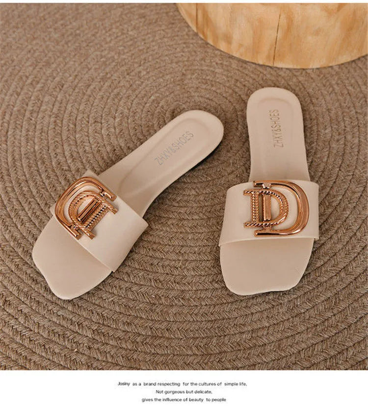 Luxury Women Slippers Buckle Design Small Incense Style Casual Women Flat Sandals External Wear Summer Sandy Beach Women Slides