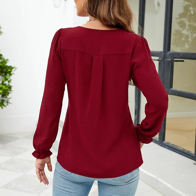 Women Chiffon Blouse V-Neck Long-Sleeve Fashion Solid Color Pullover Shirt Basic Chic Tops Business Office Lady Elegant Clothing