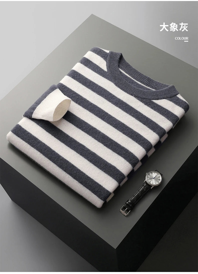 autumn and winter New 100% merino wool cashmere sweater men's O-neck pullover knitted striped contrast fashion loose top coat