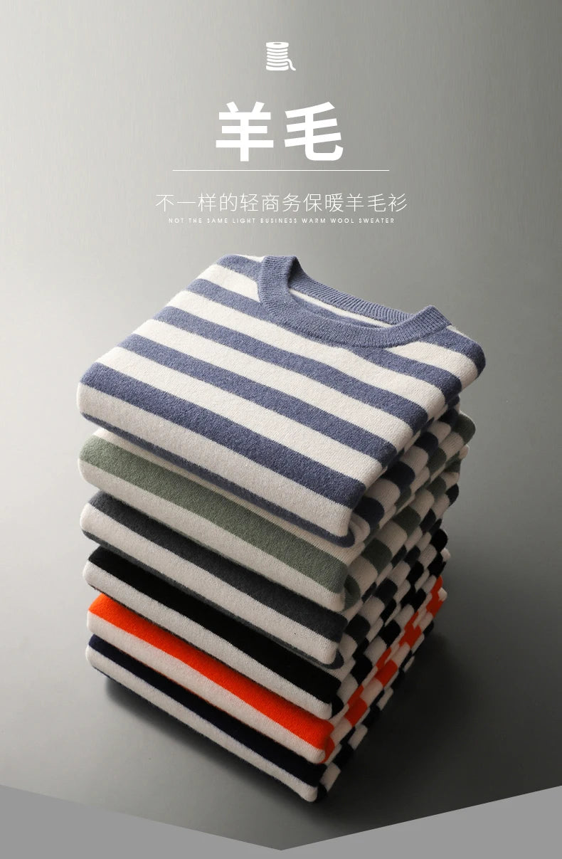 autumn and winter New 100% merino wool cashmere sweater men's O-neck pullover knitted striped contrast fashion loose top coat