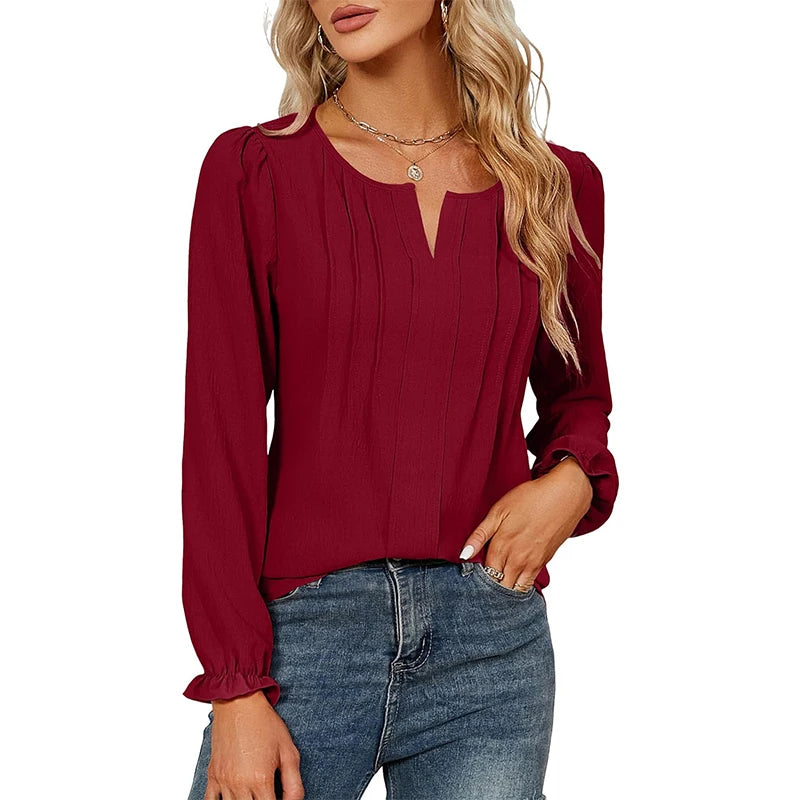 Women Chiffon Blouse V-Neck Long-Sleeve Fashion Solid Color Pullover Shirt Basic Chic Tops Business Office Lady Elegant Clothing