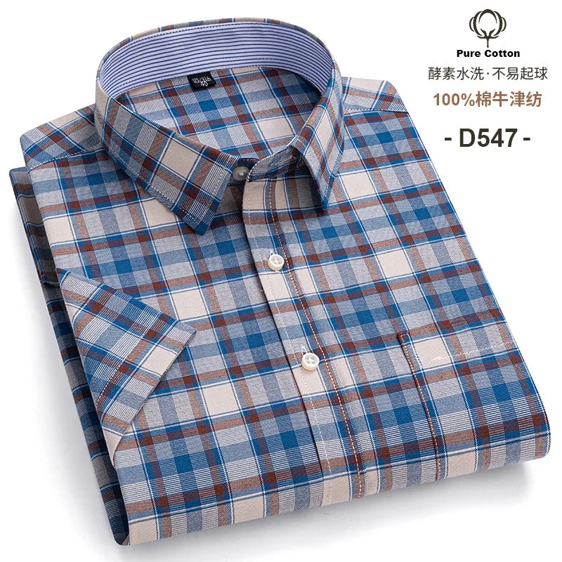 6XL 7XL 100% cotton men's short sleeve shirt Summer non-ironing Business casual Plus size High quality breathable plaid