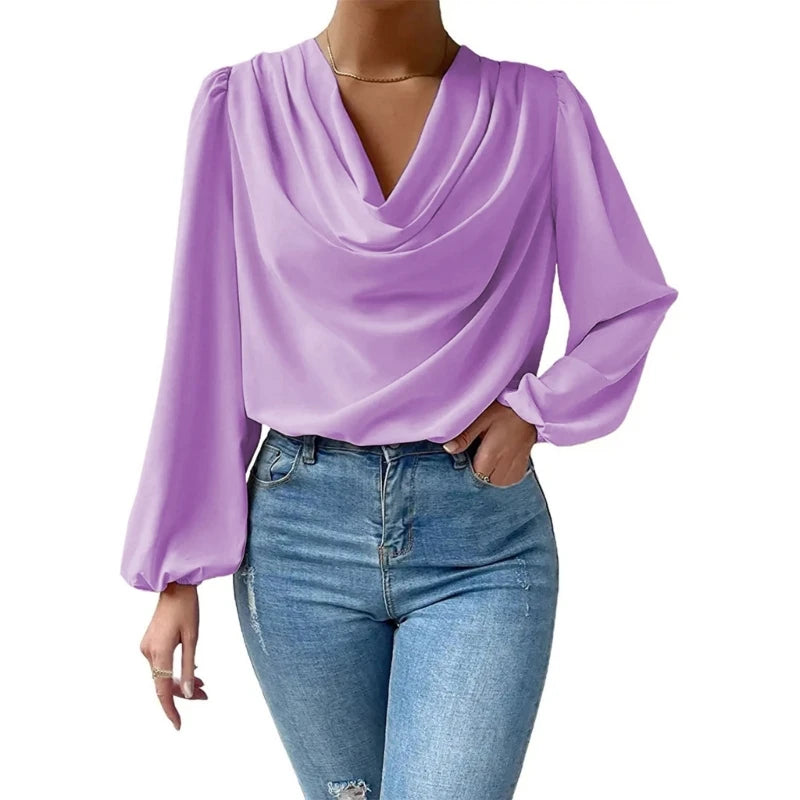 Solid Color Blouses for Women Puff Long Sleeve Shirts Elegant Drape Cowl Neck Ruched Front Loose Pullover Top Dropship