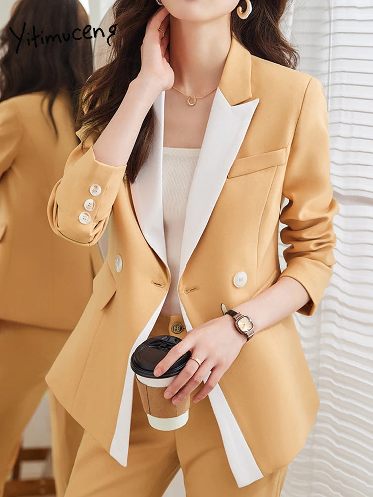 Yitimuceng Elegant Office Blazer for Women Long Sleeve New Pattern Solid Simplicity Slim Lapel Double Breasted Pant Suits