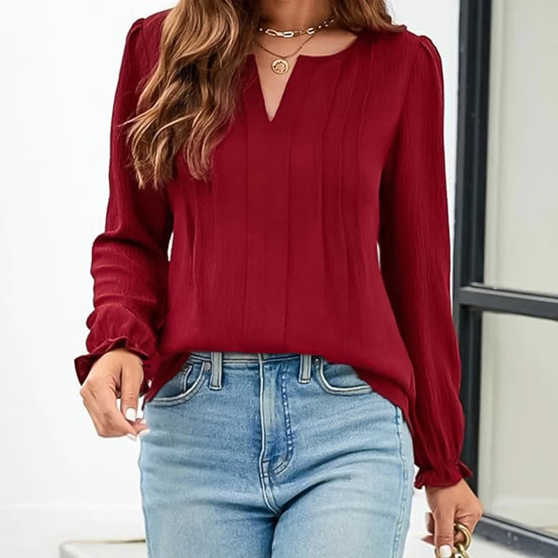 Women Chiffon Blouse V-Neck Long-Sleeve Fashion Solid Color Pullover Shirt Basic Chic Tops Business Office Lady Elegant Clothing