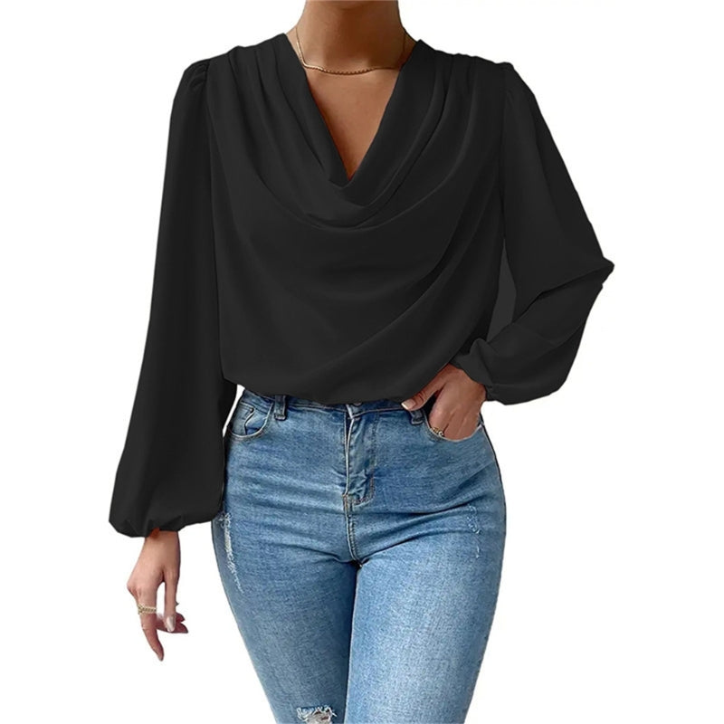 Solid Color Blouses for Women Puff Long Sleeve Shirts Elegant Drape Cowl Neck Ruched Front Loose Pullover Top Dropship