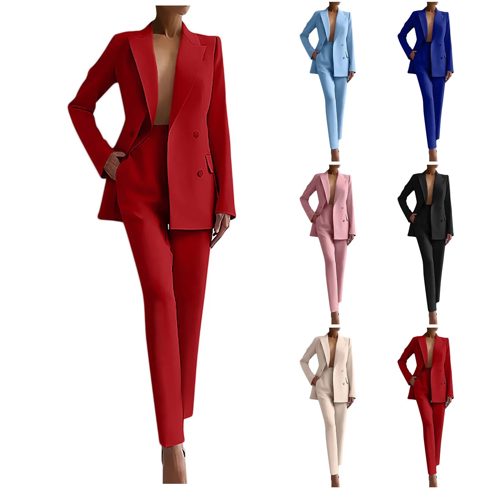 Ladies Lapel Slim Blazers Jacket Tops&Trousers Two Piece Suit Chic Women Solid Work Outfits Autumn Double Breasted Blazer Set