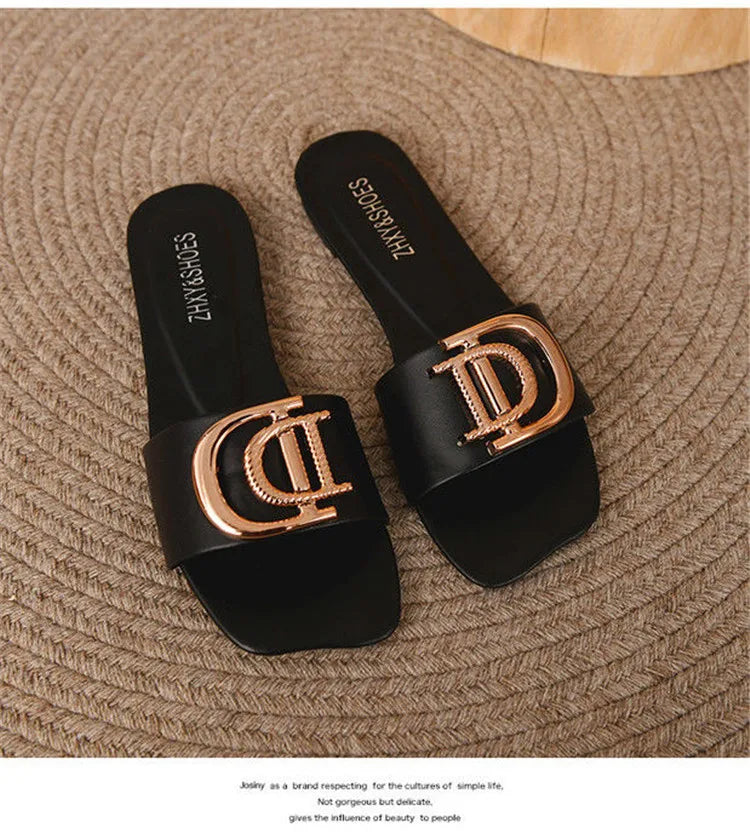 Luxury Women Slippers Buckle Design Small Incense Style Casual Women Flat Sandals External Wear Summer Sandy Beach Women Slides